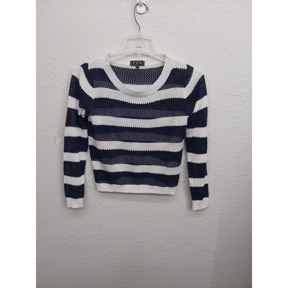 Pol Sweater Womens Small Blue White‎ Striped Sheer Open Knit Long sleeve